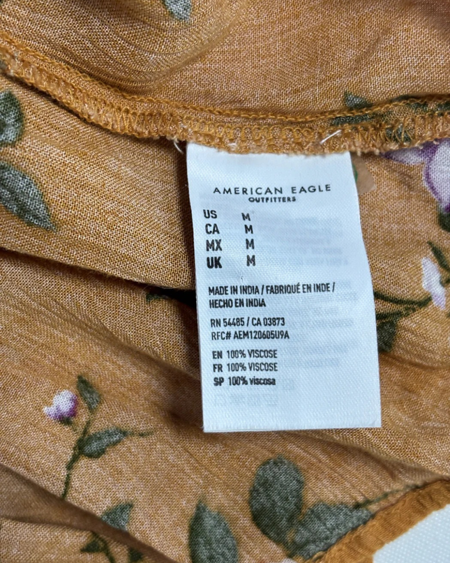 American Eagle Mustard Yellow Floral Button-Front Smocked Dress