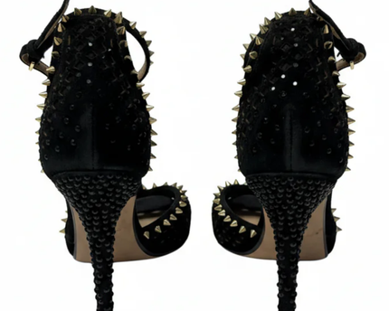 Zara Black Studded and Rhinestone Embellished Ankle Strap Heels