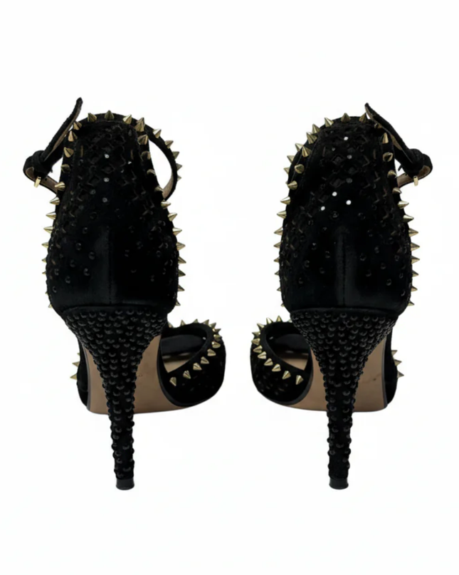 Zara Black Studded and Rhinestone Embellished Ankle Strap Heels