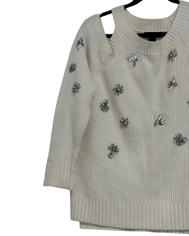 INC International Concepts Off-White Embellished Cold-Shoulder Sweater