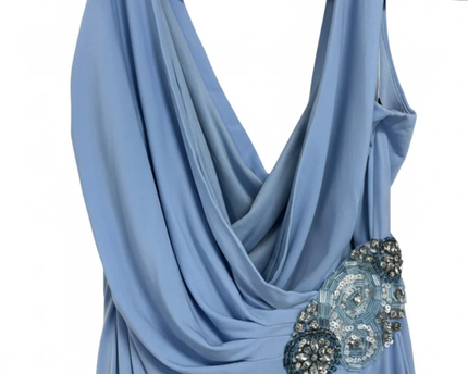 Calvin Klein Blue V-Neck Draped Midi Dress with Sequin Floral Accent