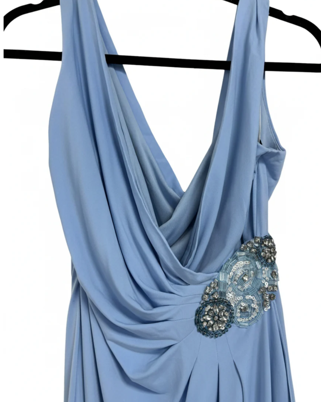 Calvin Klein Blue V-Neck Draped Midi Dress with Sequin Floral Accent