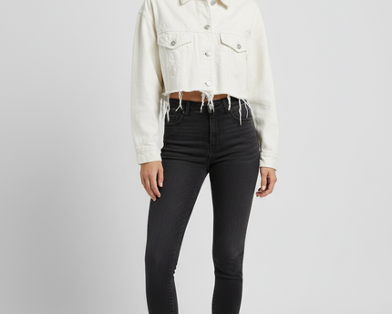 Bershka White Cropped Denim Jacket with Raw Hem