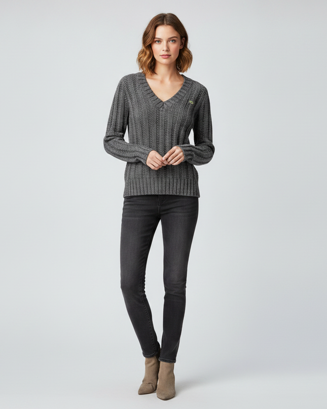 Lacoste Dark Gray Shimmer Ribbed V-Neck Sweater