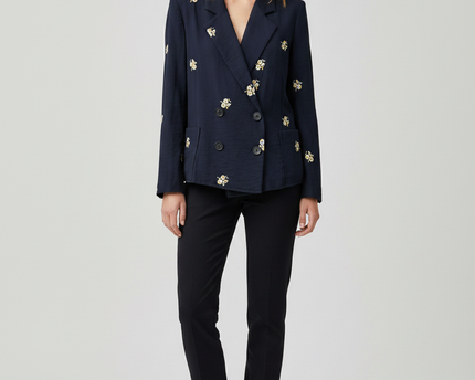 Zara Navy Blue Floral Embroidered Double-Breasted Blazer