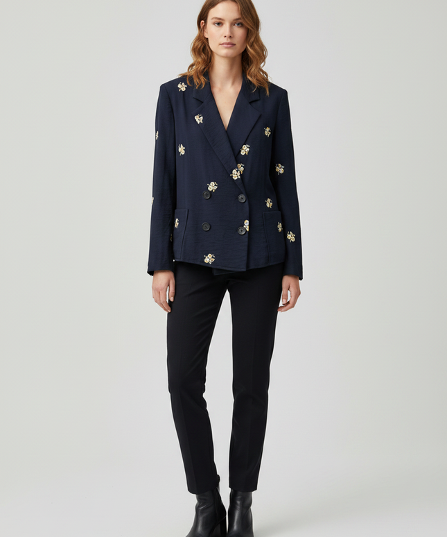 Zara Navy Blue Floral Embroidered Double-Breasted Blazer