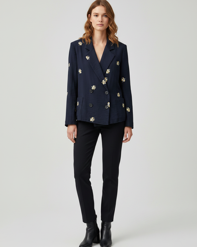 Zara Navy Blue Floral Embroidered Double-Breasted Blazer