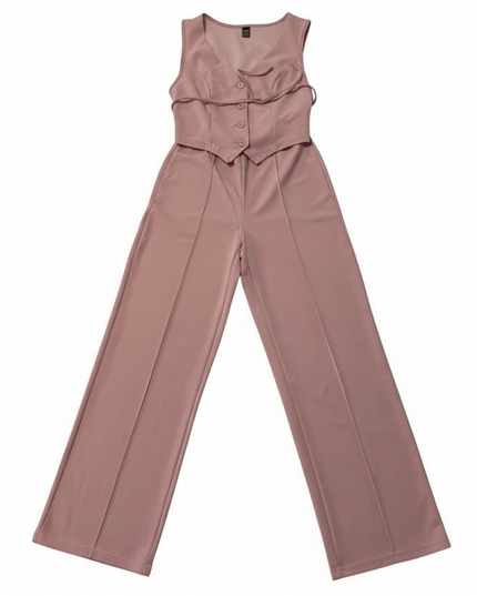 Dusty Rose Two-Piece Vest and Wide Leg Pant Co-ord Set