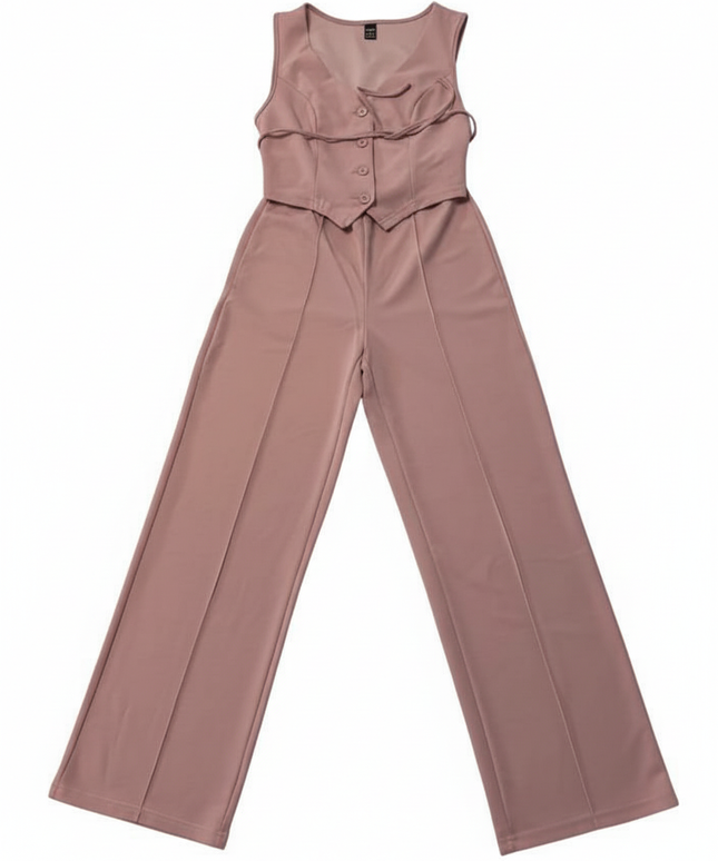Dusty Rose Two-Piece Vest and Wide Leg Pant Co-ord Set