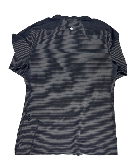 Lululemon Black & Grey Striped Long Sleeve Run Top with Side Zip Pocket - M