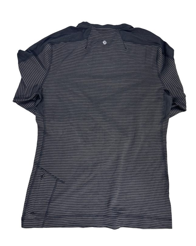Lululemon Black & Grey Striped Long Sleeve Run Top with Side Zip Pocket - M