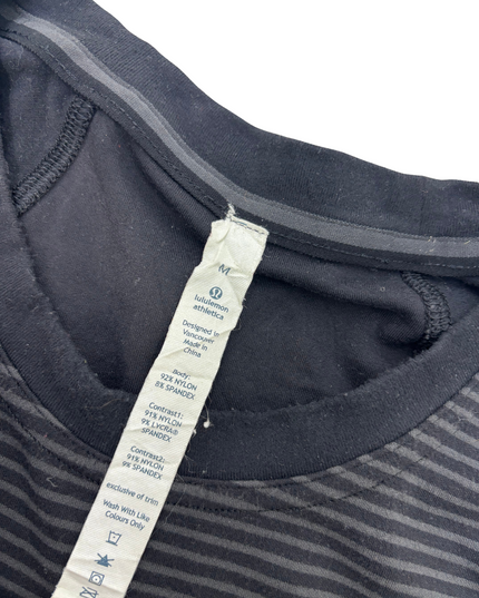 Lululemon Black & Grey Striped Long Sleeve Run Top with Side Zip Pocket - M