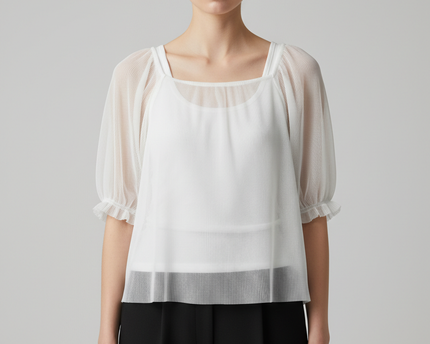 Zara White Tulle Puff Sleeve Blouse
