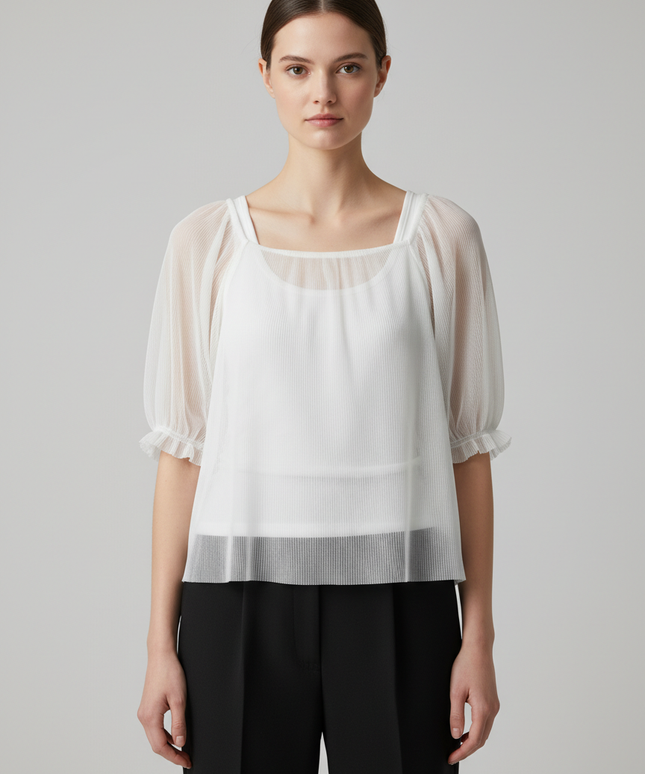 Zara White Tulle Puff Sleeve Blouse