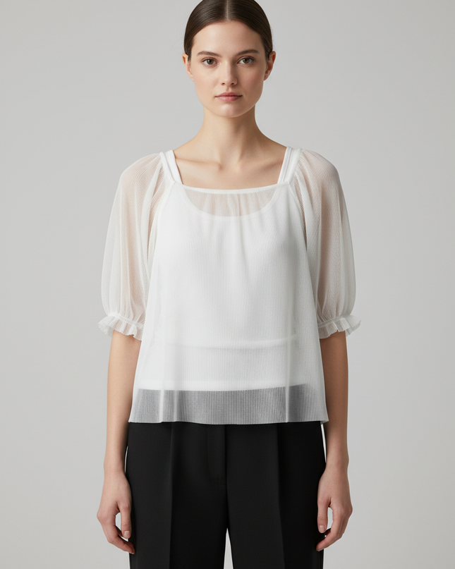 Zara White Tulle Puff Sleeve Blouse