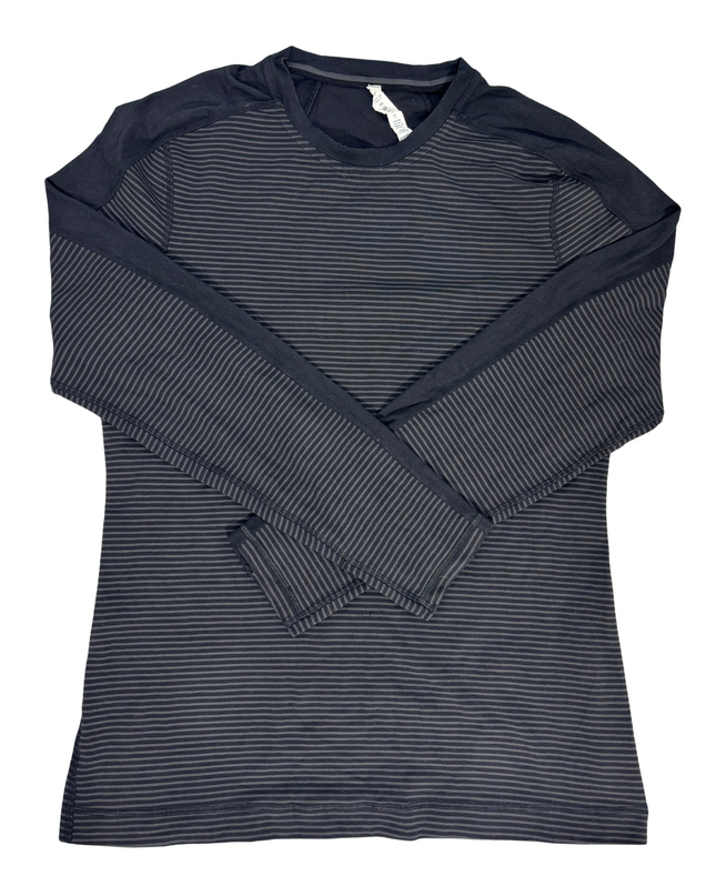 Lululemon Black & Grey Striped Long Sleeve Run Top with Side Zip Pocket - M