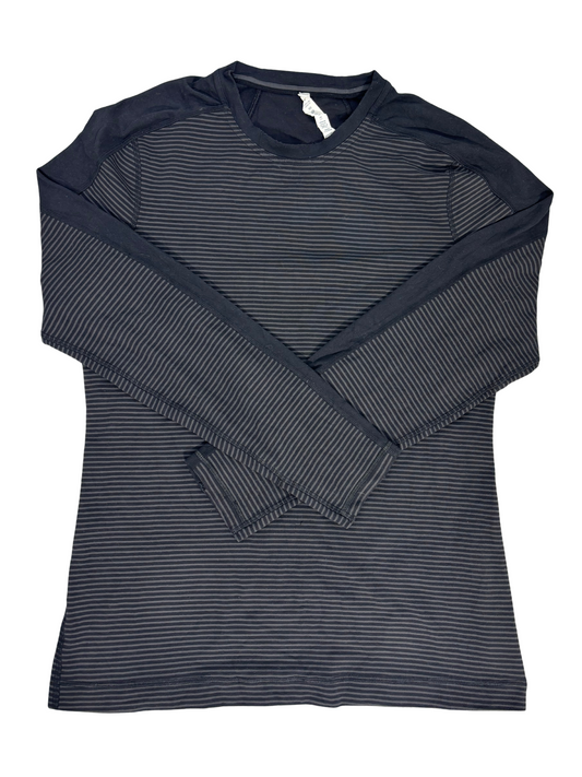 Lululemon Black & Grey Striped Long Sleeve Run Top with Side Zip Pocket - M