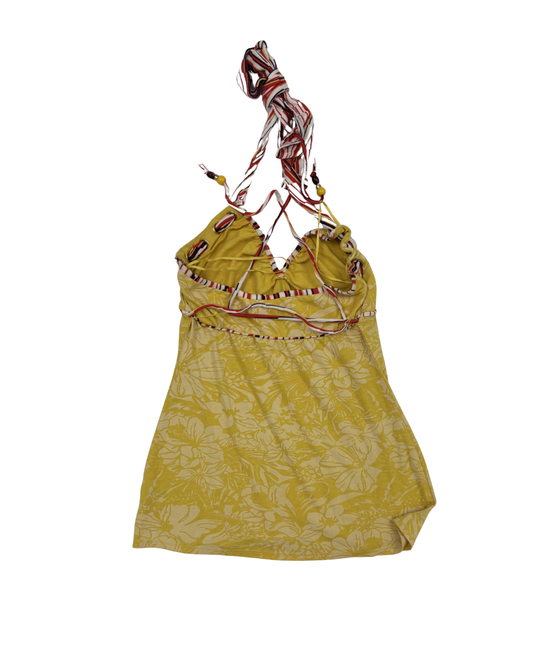 Floral with Striped Tie Straps Yellow Halter Top - XXS