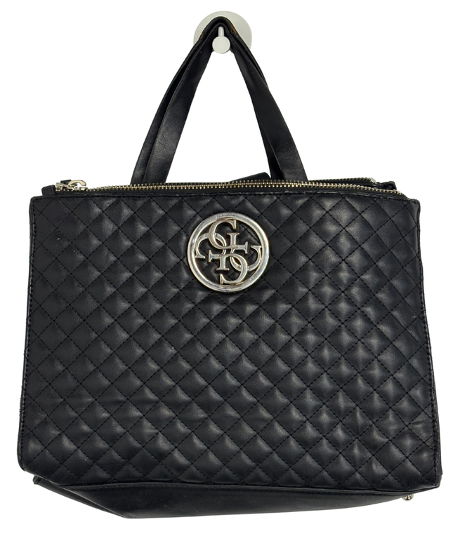 GUESS Black Quilted Faux Leather Double-Zip Tote Bag