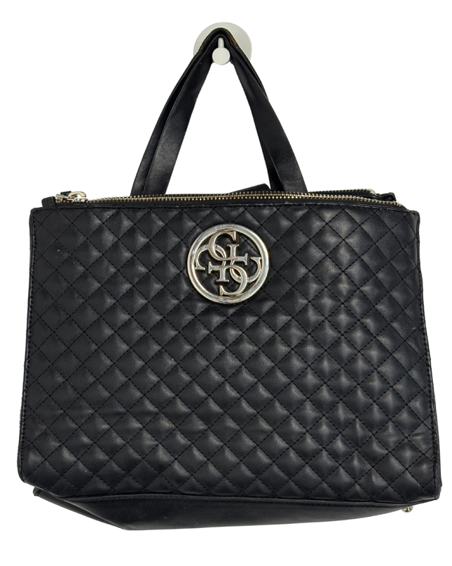 GUESS Black Quilted Faux Leather Double-Zip Tote Bag