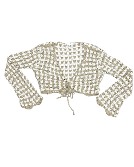 Emory Park Granny Square Crochet Bell Sleeve Tie Beige & White Cardigan - S