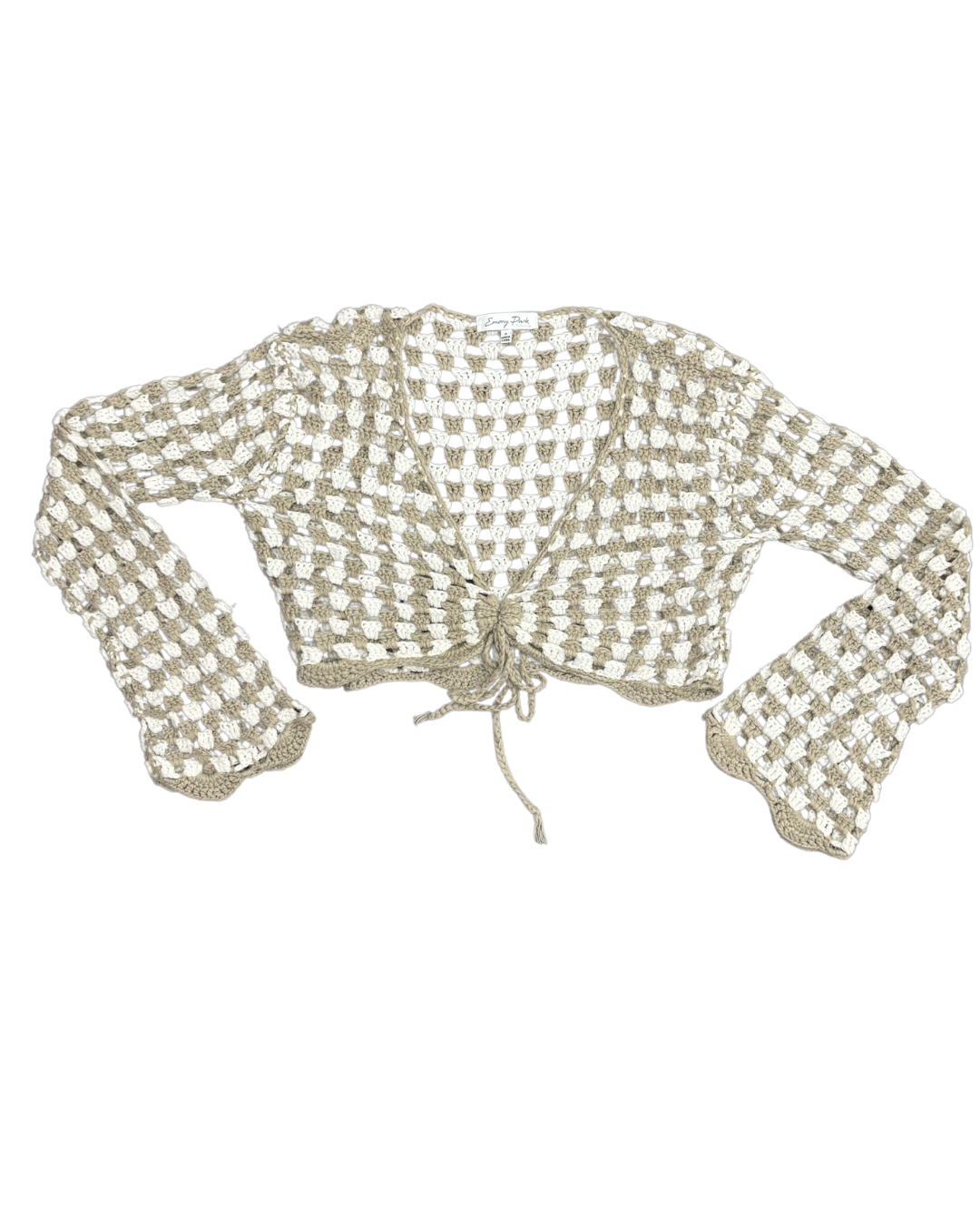 Emory Park Granny Square Crochet Bell Sleeve Tie Beige & White Cardigan - S