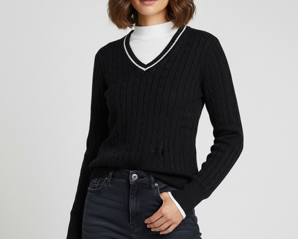 Raphaëlu Cable Knit Navy Blue V-Neck Sweater