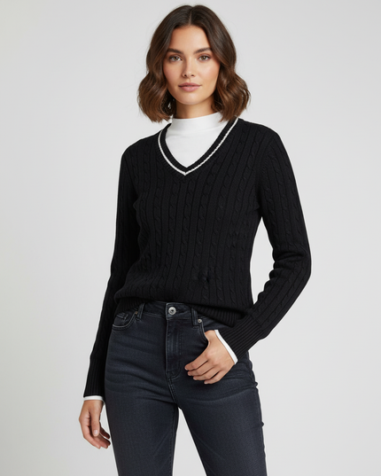 Raphaëlu Cable Knit Navy Blue V-Neck Sweater