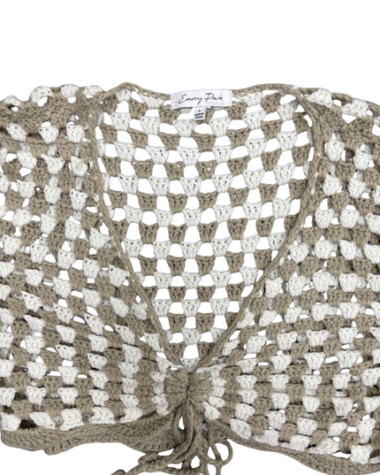 Emory Park Granny Square Crochet Bell Sleeve Tie Beige & White Cardigan - S