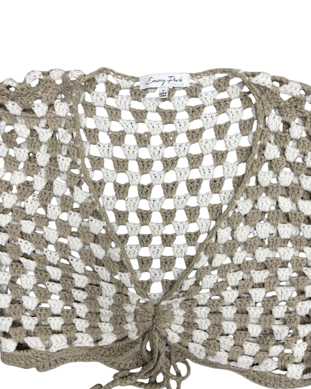 Emory Park Granny Square Crochet Bell Sleeve Tie Beige & White Cardigan - S