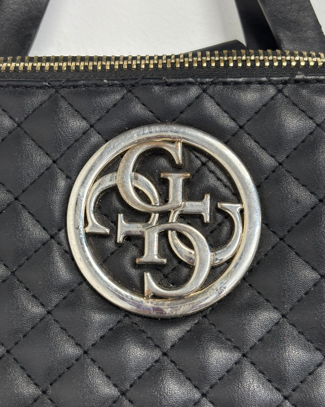 GUESS Black Quilted Faux Leather Double-Zip Tote Bag