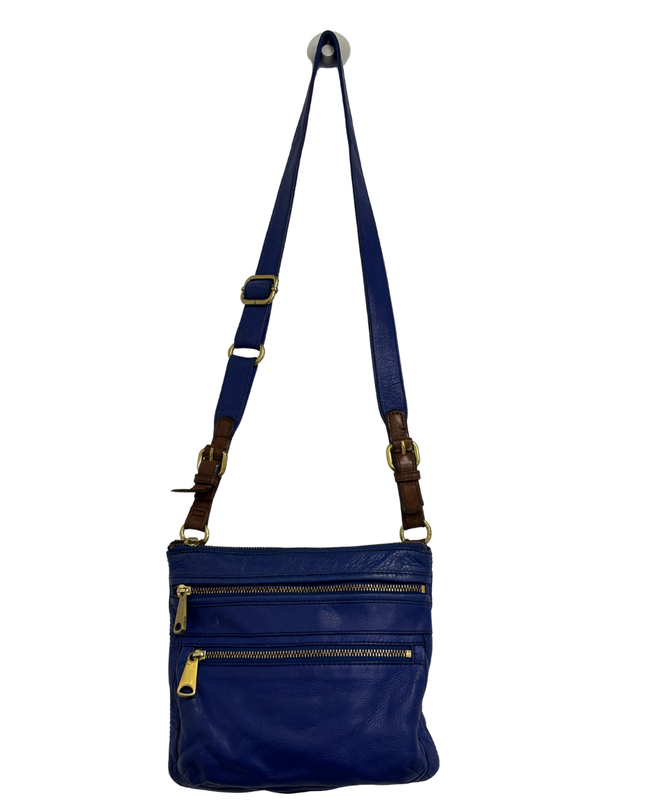 Fossil Cobalt Blue Pebbled Leather Multi-Zip Crossbody Bag