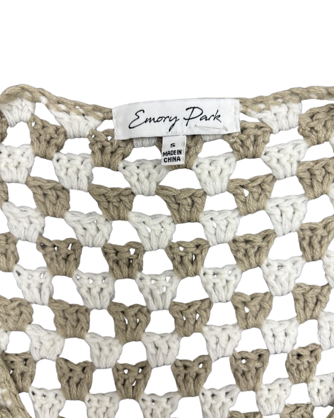 Emory Park Granny Square Crochet Bell Sleeve Tie Beige & White Cardigan - S