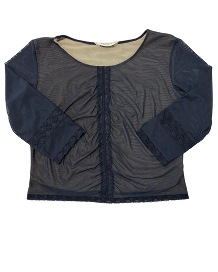 Melrose Petites Charcoal Mesh Ruched Lace Trim & Flared Sleeves Y2K Top