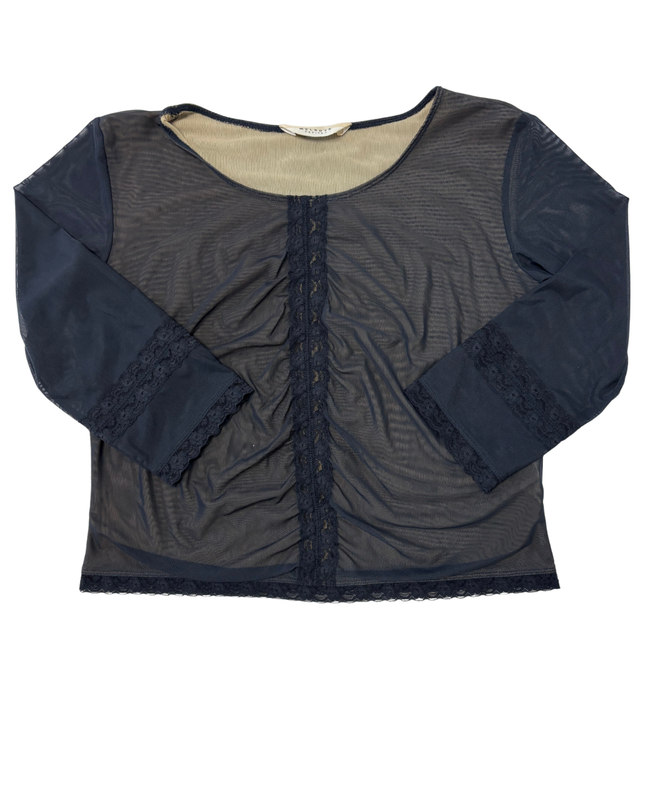 Melrose Petites Charcoal Mesh Ruched Lace Trim & Flared Sleeves Y2K Top