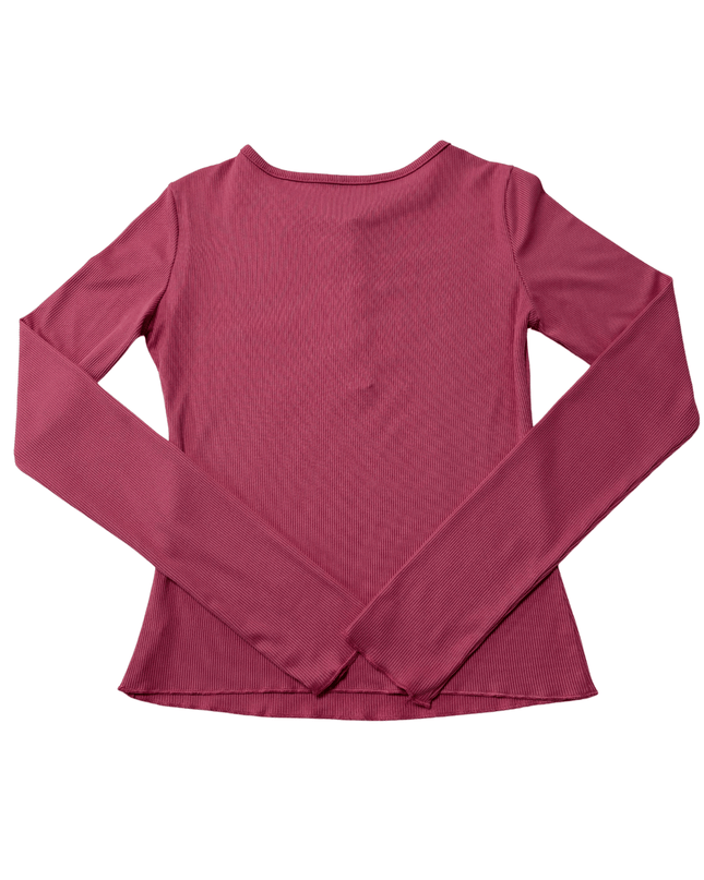 Ribbed Rose Pink Button-Front Long Sleeve Henley T-Shirt