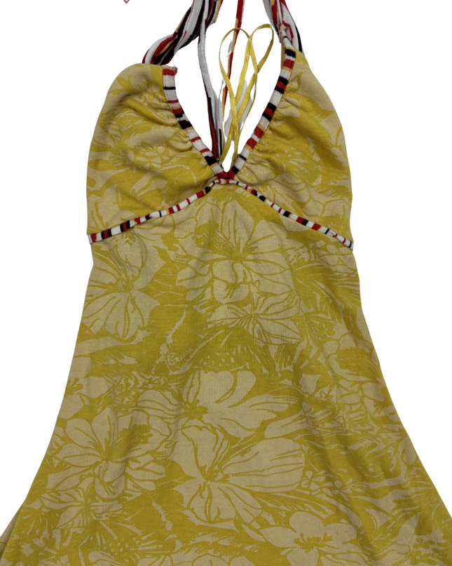 Floral with Striped Tie Straps Yellow Halter Top - XXS