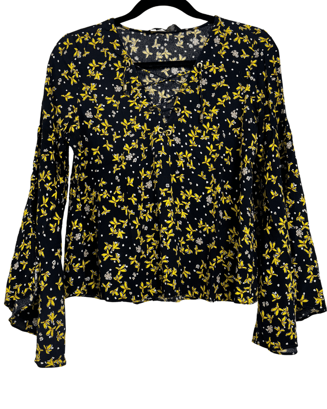 ZARA Basic Lace-Up Yellow Floral Bell Sleeve Blouse