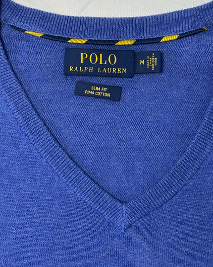 Ralph Lauren Slim Fit Blue Pima Cotton V-Neck Sweater