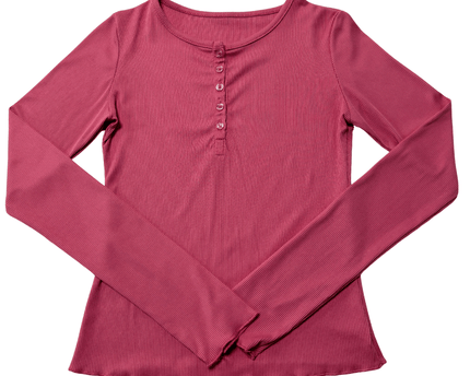Ribbed Rose Pink Button-Front Long Sleeve Henley T-Shirt