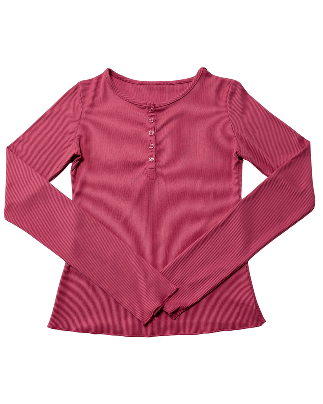 Ribbed Rose Pink Button-Front Long Sleeve Henley T-Shirt