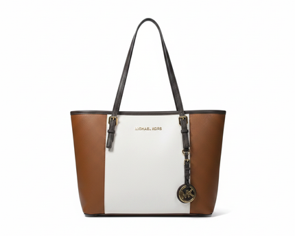 Michael Kors White/Brown/Black Tri-Color Saffiano Leather Tote Bag