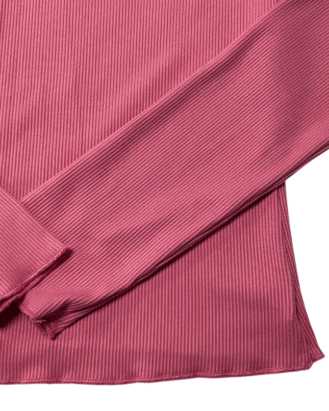 Ribbed Rose Pink Button-Front Long Sleeve Henley T-Shirt