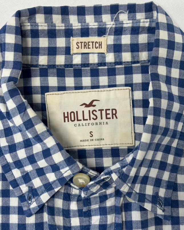 Hollister Gingham Check Navy Blue & White Stretch Long Sleeve Shirt