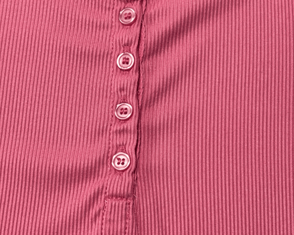 Ribbed Rose Pink Button-Front Long Sleeve Henley T-Shirt
