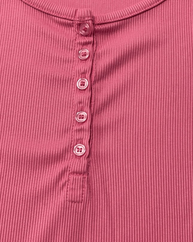 Ribbed Rose Pink Button-Front Long Sleeve Henley T-Shirt