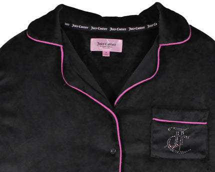 Juicy Couture Women's Button Up Collared Embellished Pajama Black Top