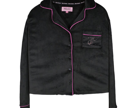 Juicy Couture Women's Button Up Collared Embellished Pajama Black Top