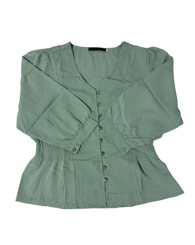 Waad X Fashion Sage Green Button-Up Peplum Blouse - M