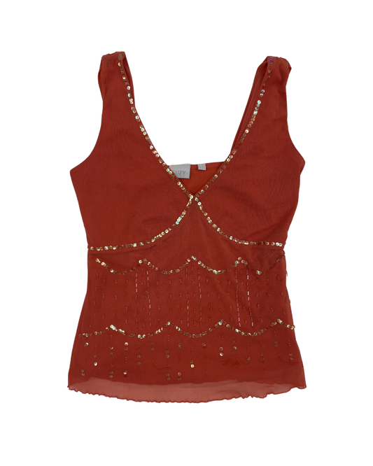 Suzy Shier Coral Red Sequin Embellished Y2K Cami Top - XXS